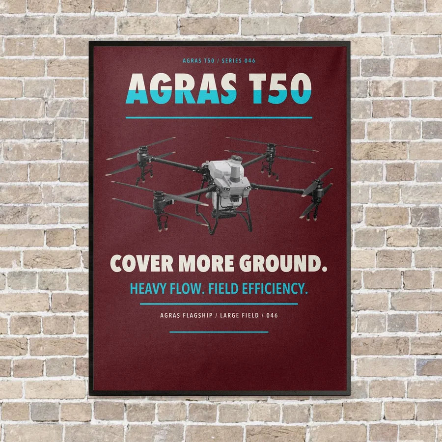 DJI Agras T50 vertical canvas print - framed - dark red background