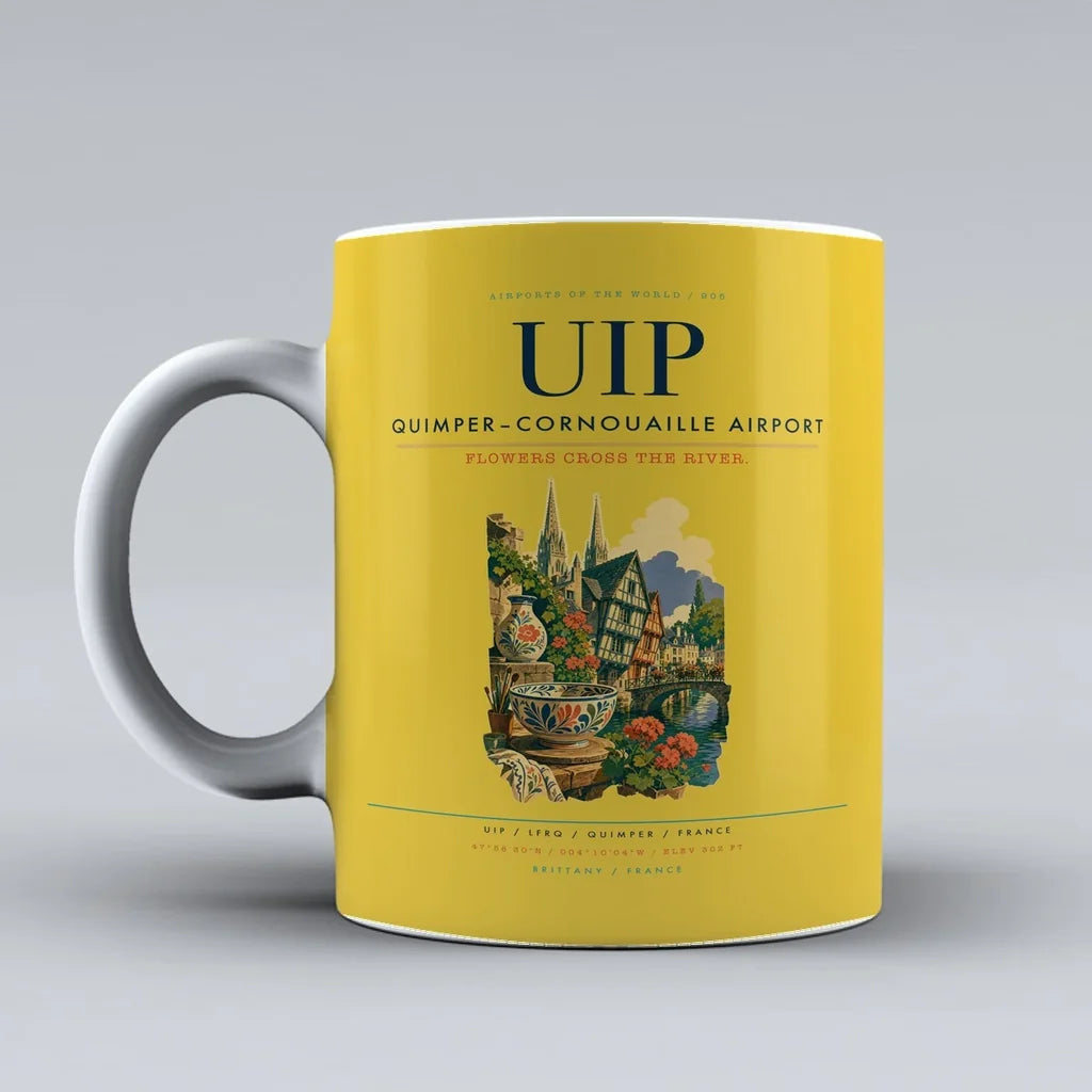 Quimper–Cornouaille Airport (UIP) airport code design on yellow ceramic mug