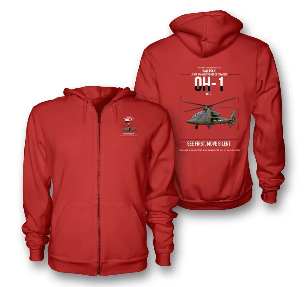 Kawasaki OH-1 design on red premium zipped hoodie, double-side print