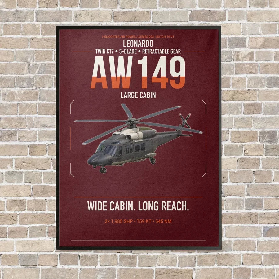 Leonardo AW149 vertical canvas print - framed - dark red background