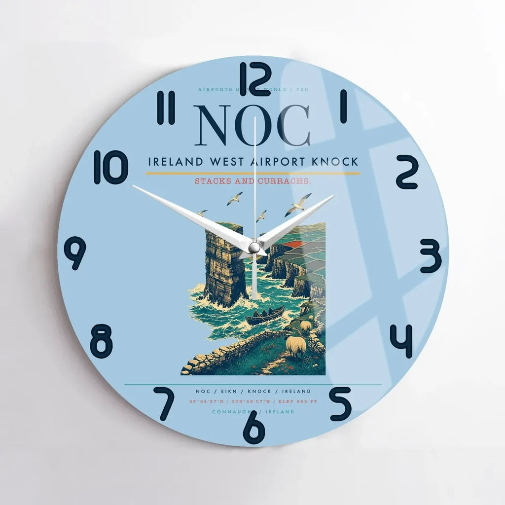 Ireland West Airport Knock (NOC) design on light blue no frame wall clock