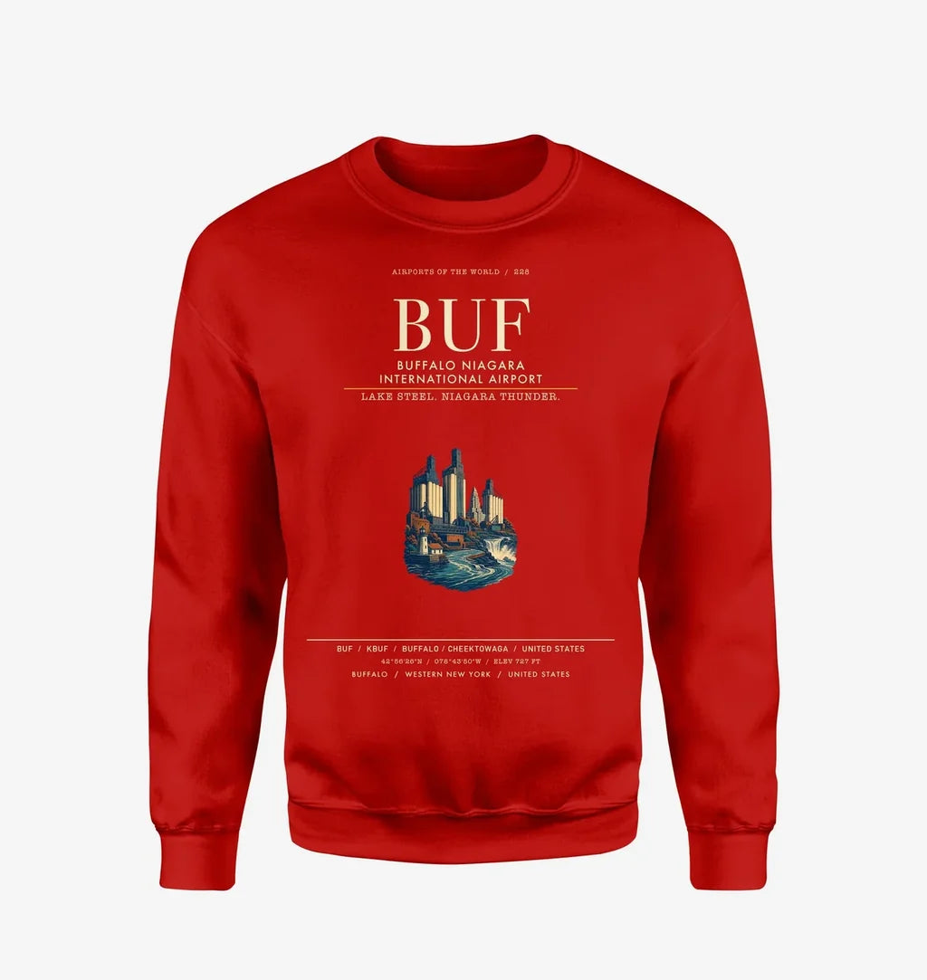 Buffalo Niagara International Airport (BUF) design on red sweatshirt
