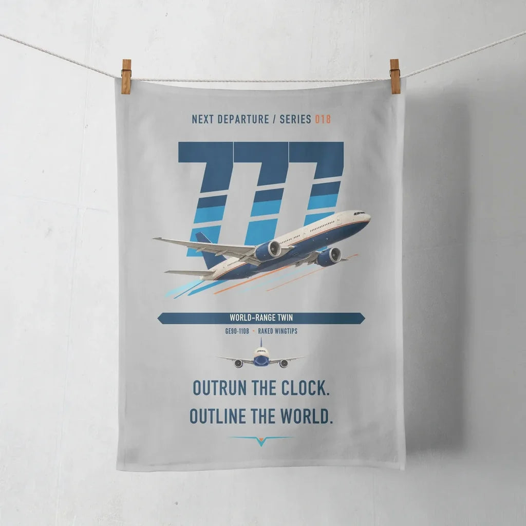 Boeing 777-200LR design on light gray towel