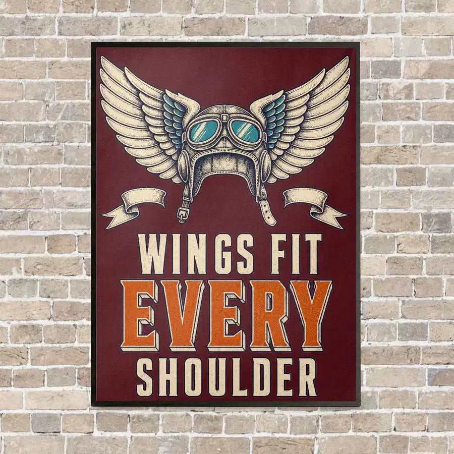 Wings Fit Every Shoulder vertical canvas print - framed - dark red background