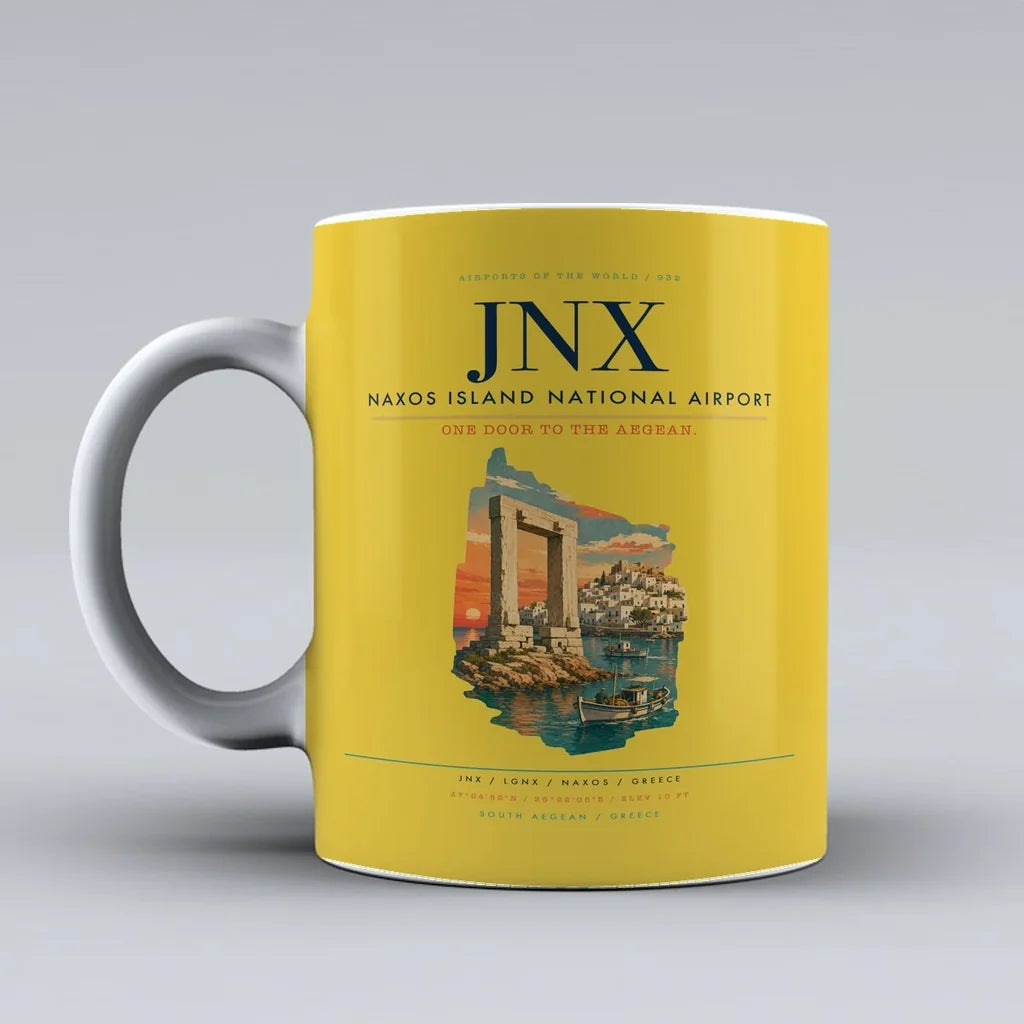 Naxos Island National Airport (JNX) airport code design on yellow ceramic mug