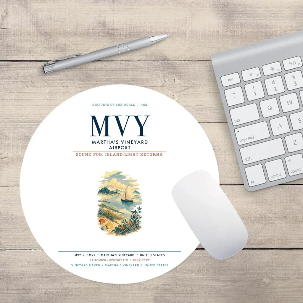 Martha's Vineyard Airport (MVY) design on white round mouse pad