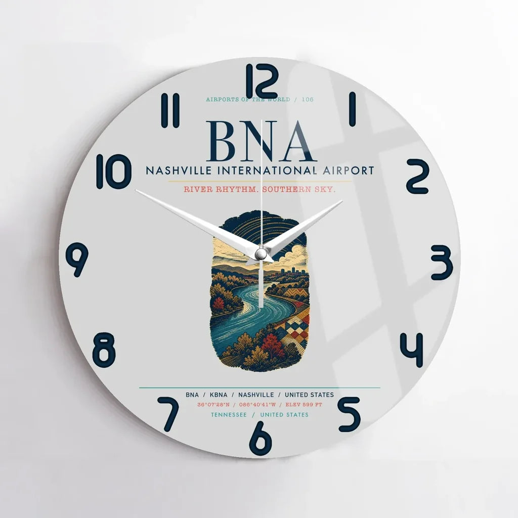 Nashville International Airport (BNA) design on light gray no frame wall clock