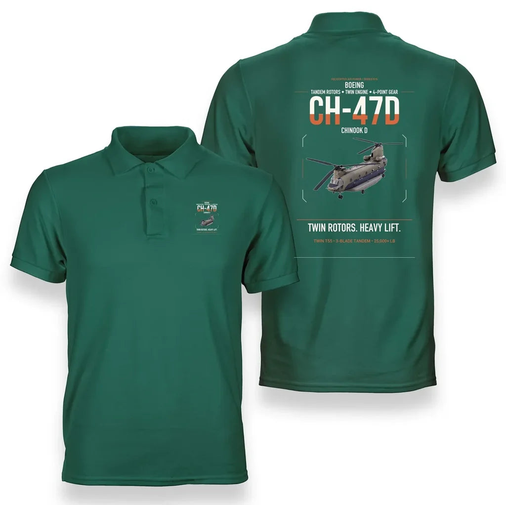 Boeing CH-47D design on green double-side polo t-shirt, double-side print