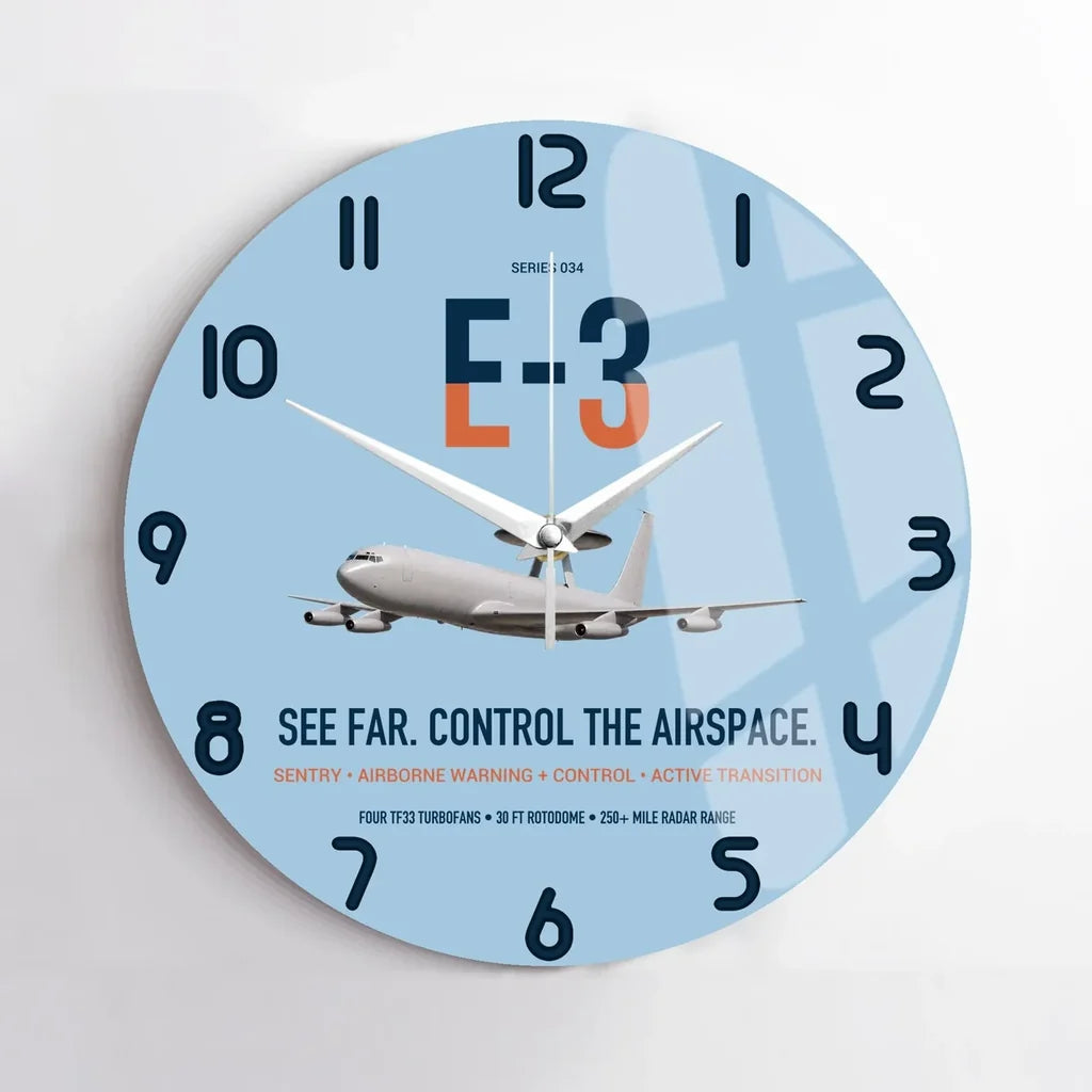E-3 Sentry AWACS design on light blue no frame wall clock