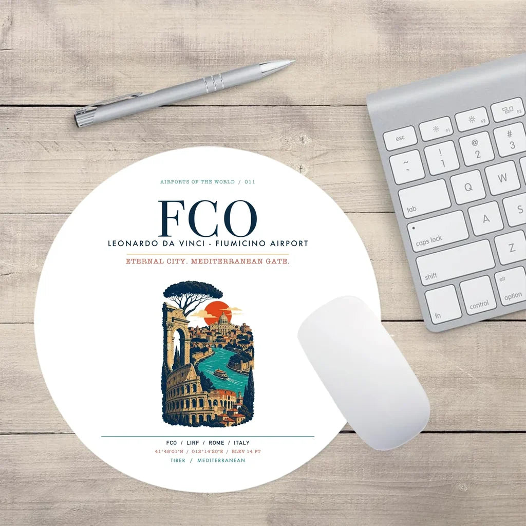 Rome Leonardo da Vinci Fiumicino Airport (FCO) design on white round mouse pad