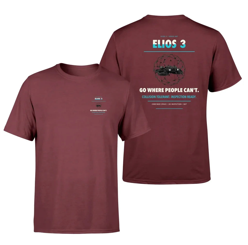 Flyability Elios 3 design on dark red t shirt