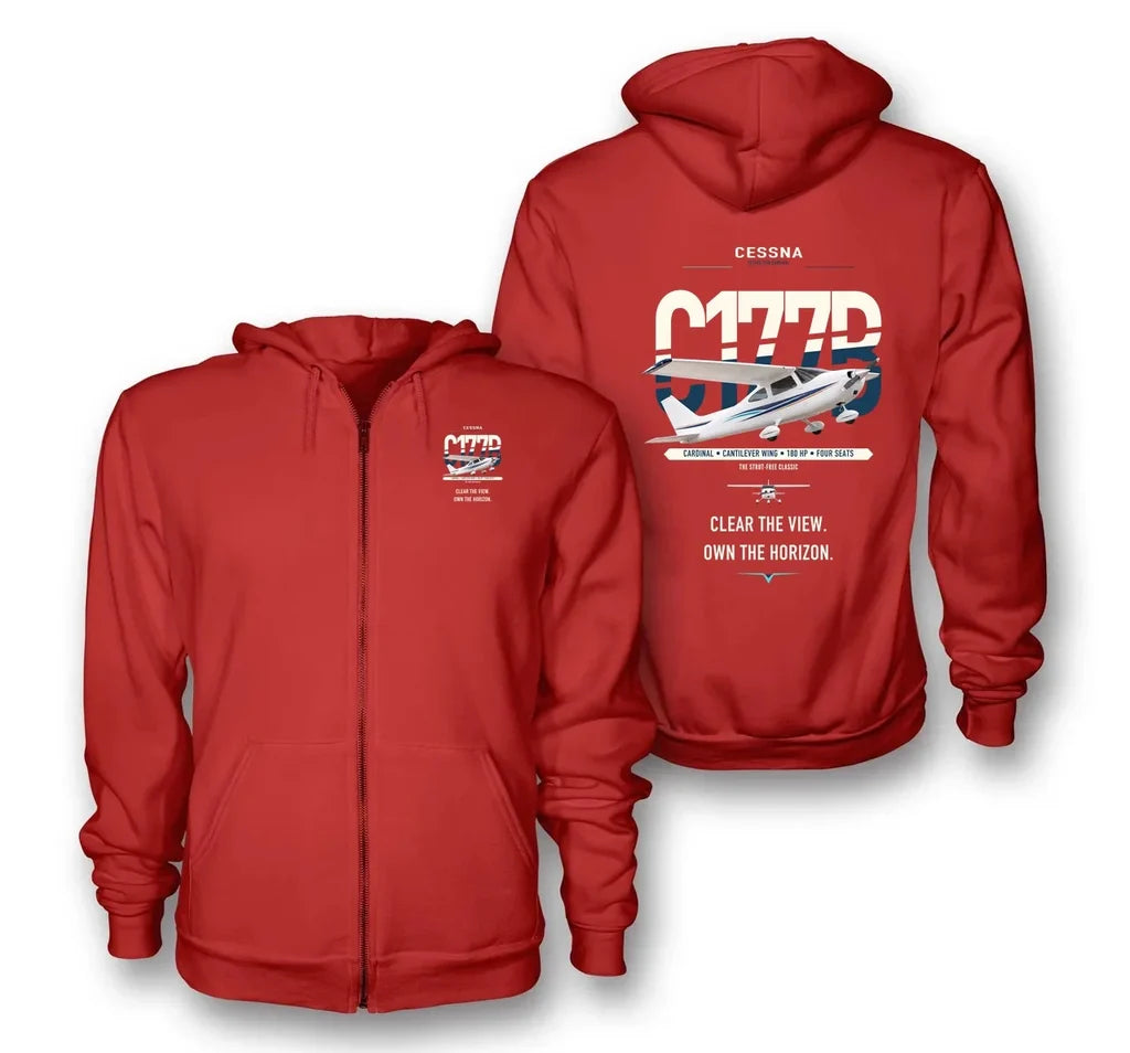 Cessna 177B Cardinal design on red premium zipped hoodie, double-side print