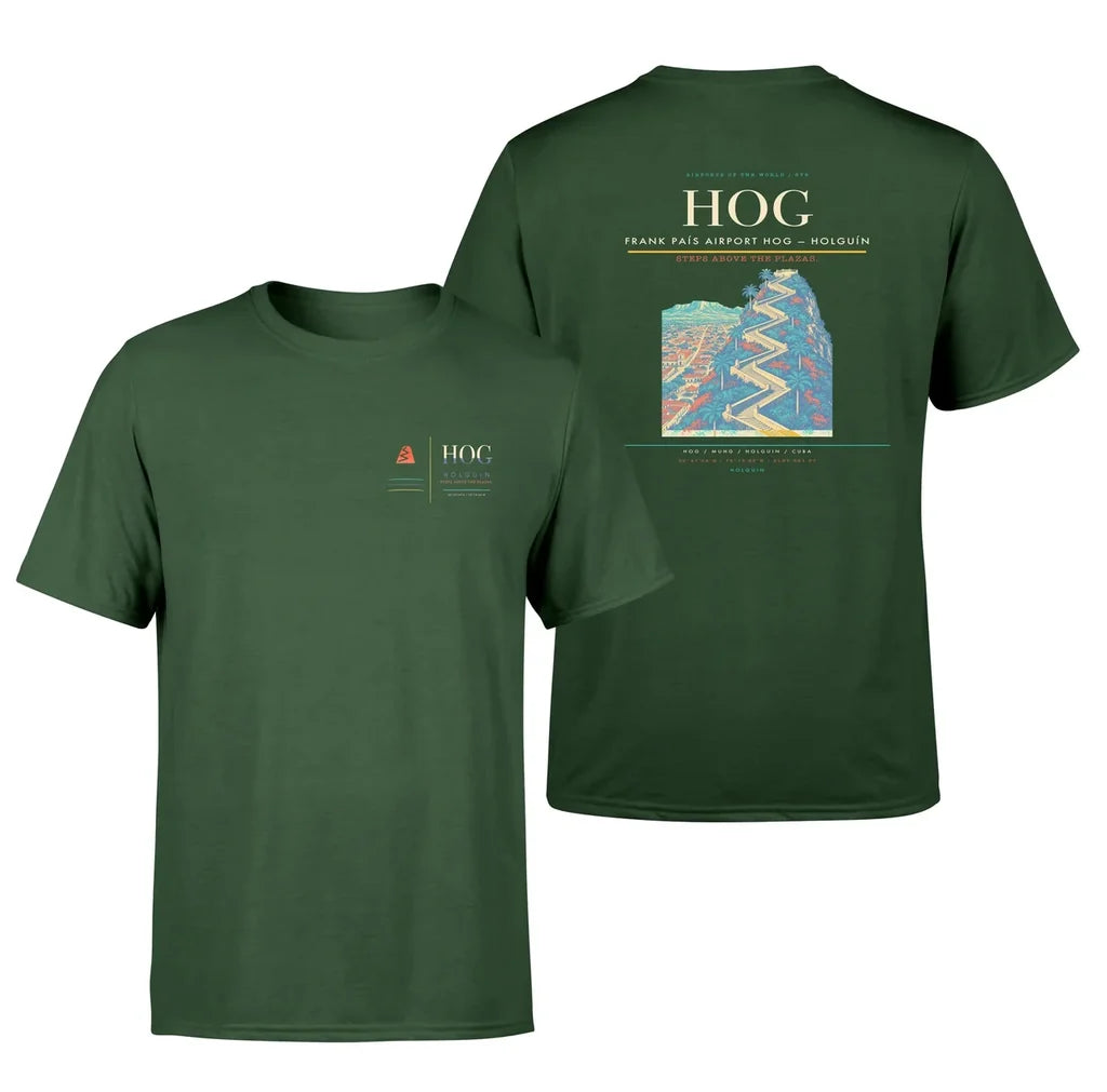 Frank País Airport (HOG) design printed on dark green double-side t-shirt