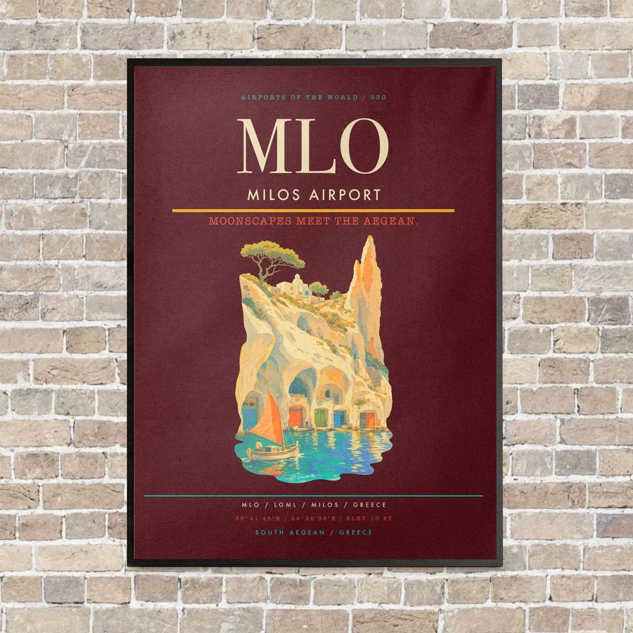 Milos Airport MLO vertical canvas print - framed - dark red background