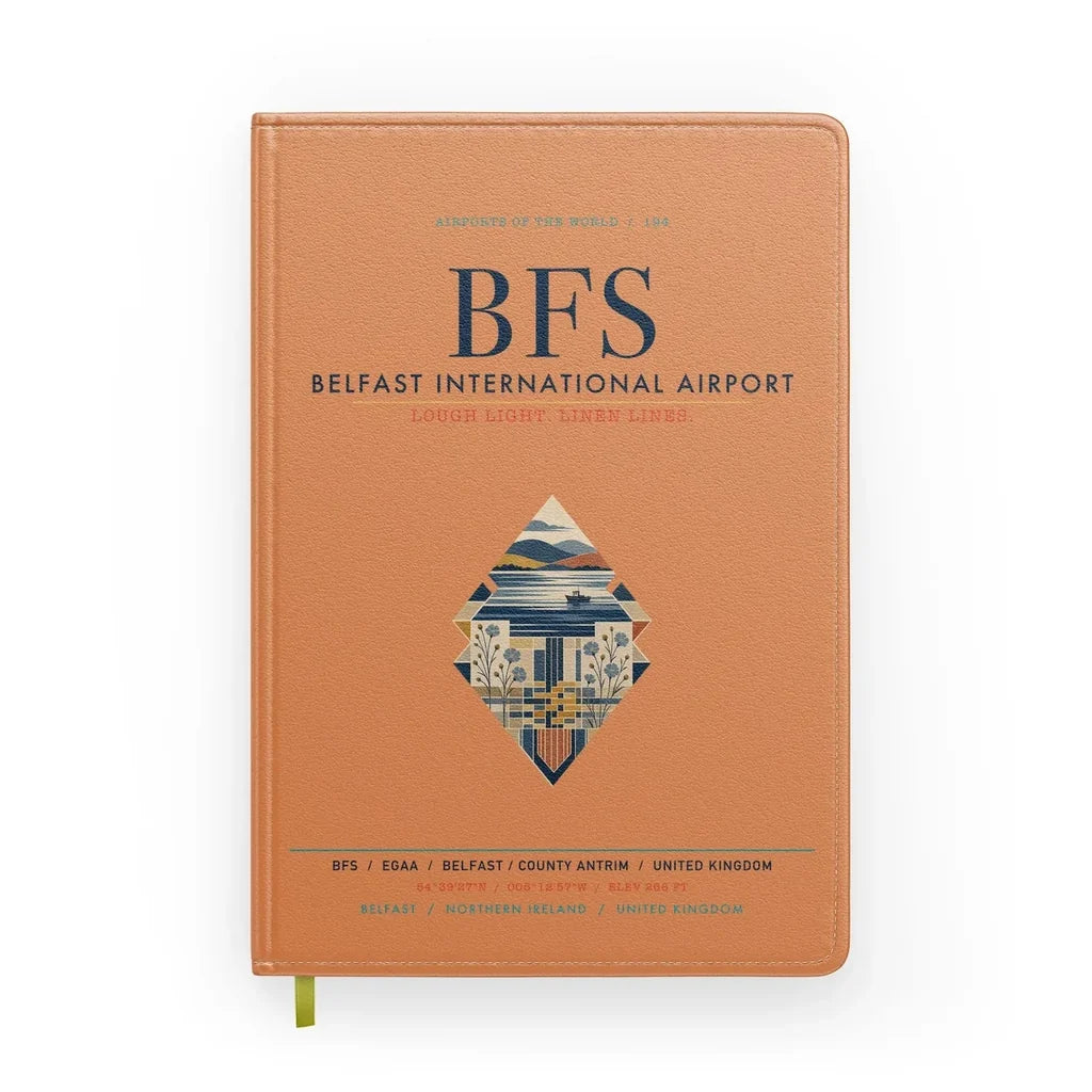 Belfast International Airport (BFS) design on orange notebook