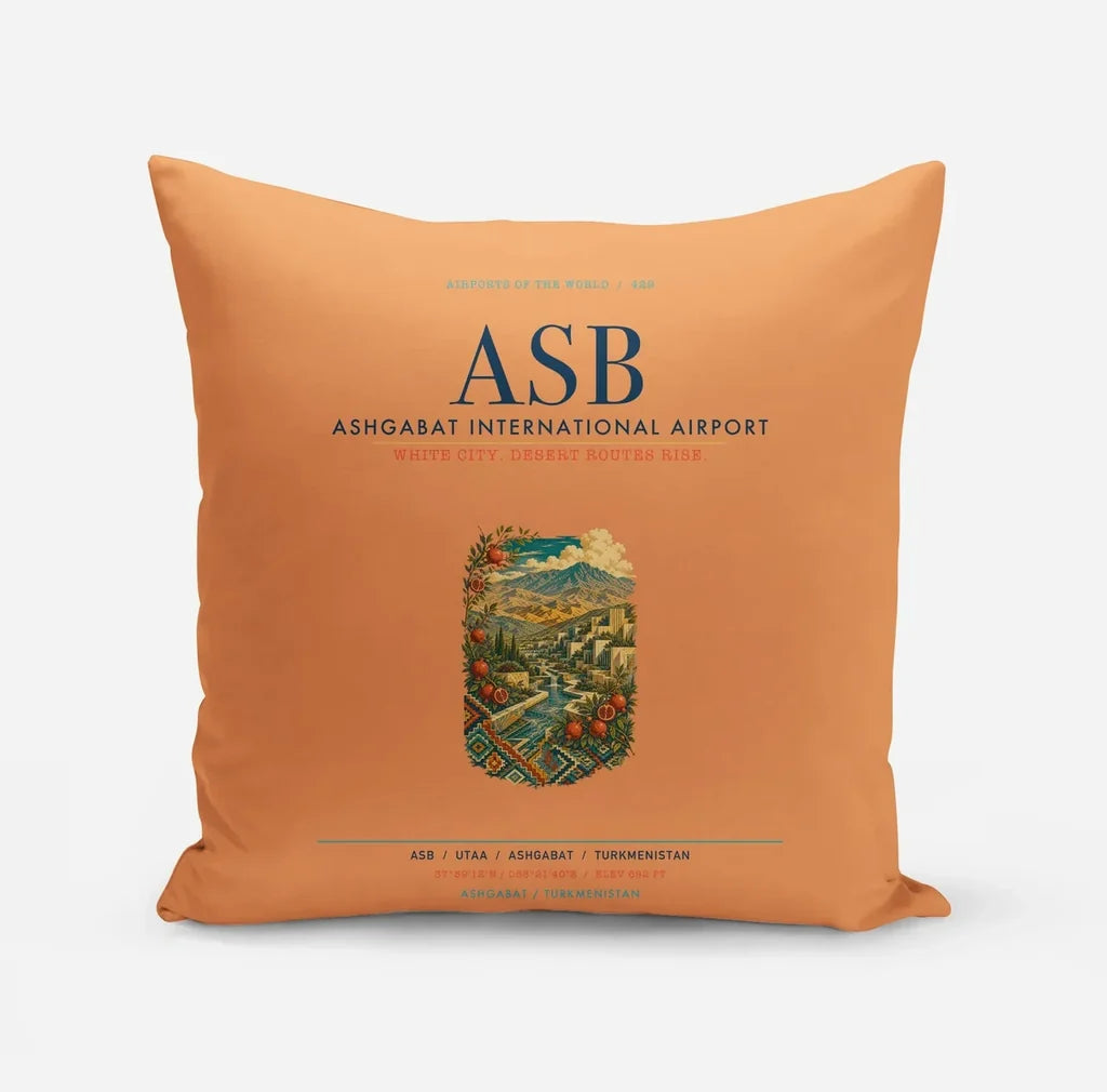 Ashgabat International Airport (ASB) design on orange pillow