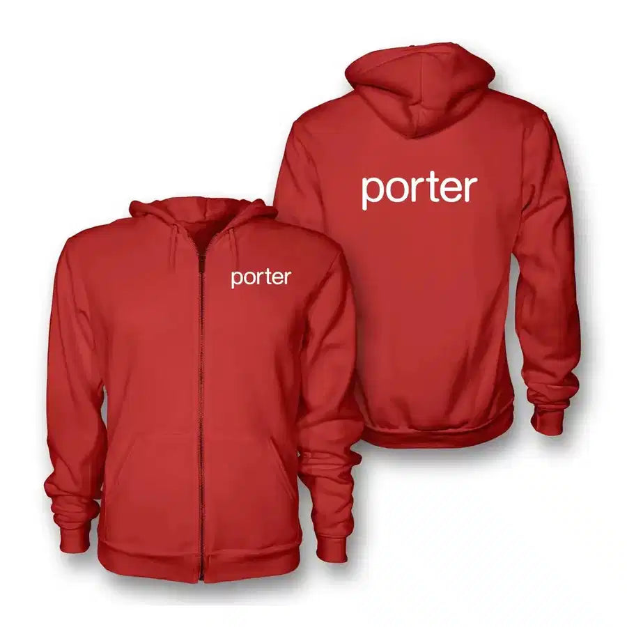 Porter Airlines logo on red zipped hoodie