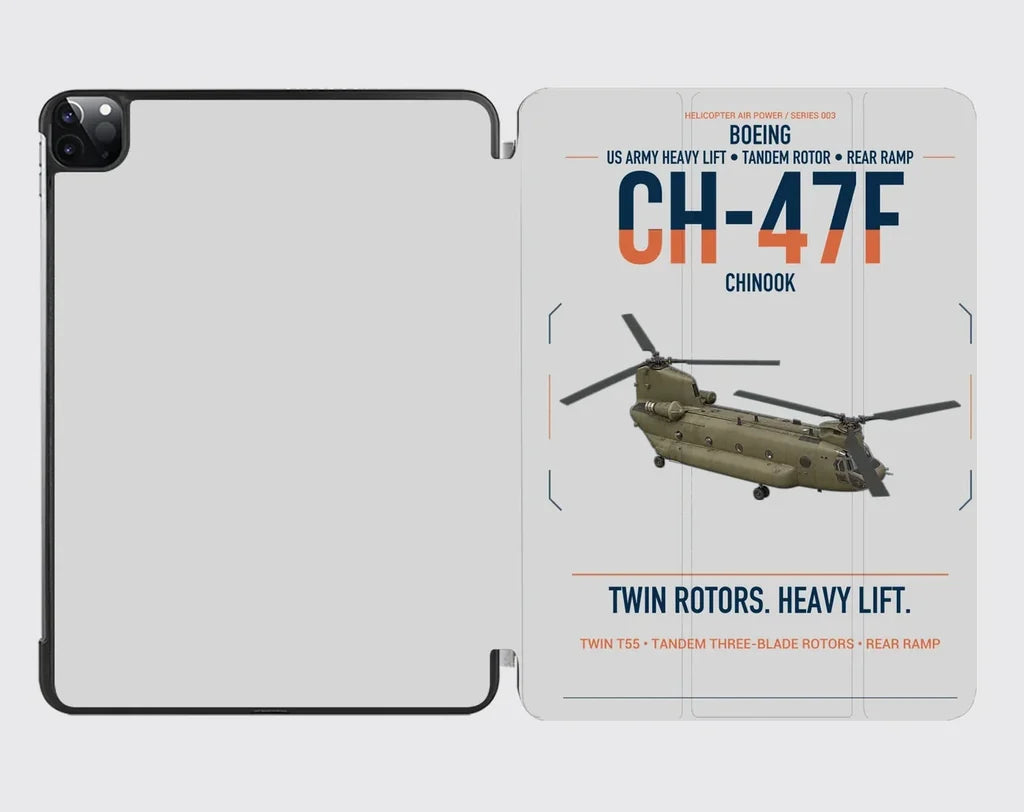 Boeing CH-47F Chinook design on light gray ipad tablet case