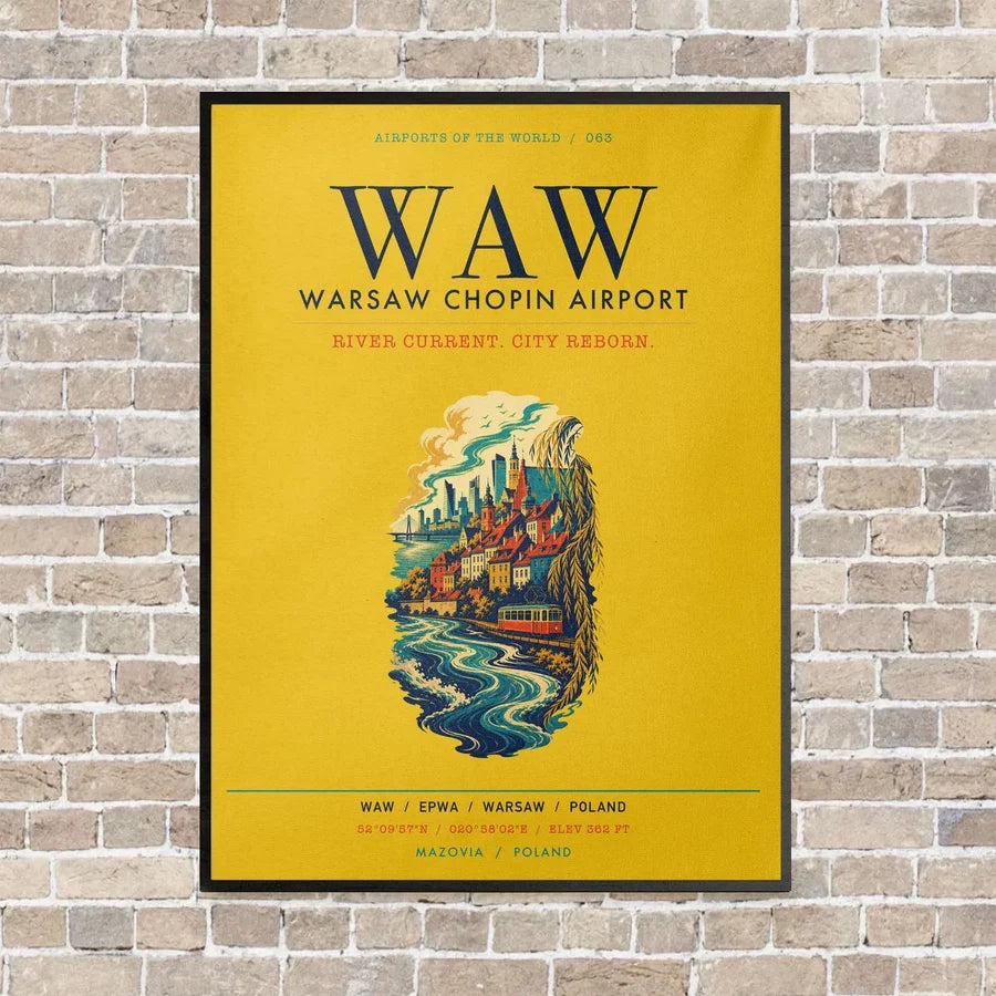 Warsaw Chopin Airport WAW vertical canvas print - framed - yellow background
