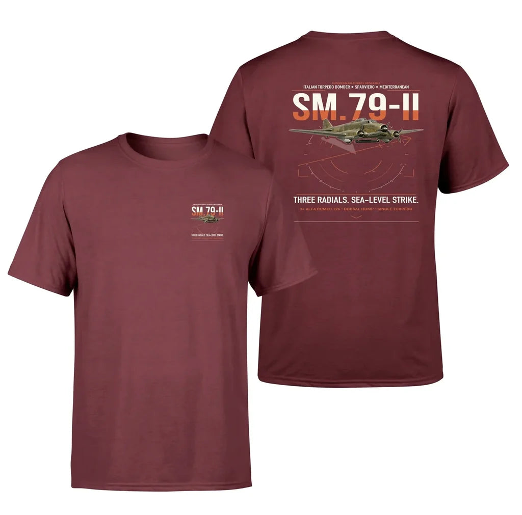Savoia-Marchetti SM.79-II Sparviero design on dark red t-shirt, double-side print