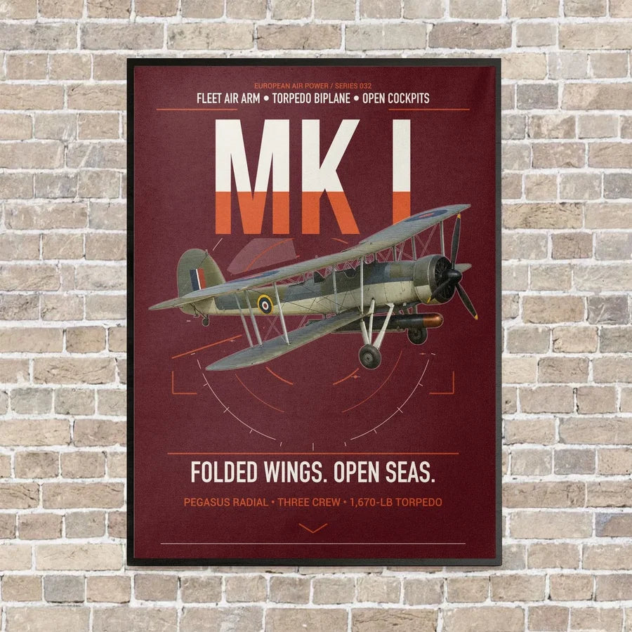 Fairey Swordfish Mk I vertical canvas print - framed - dark red background