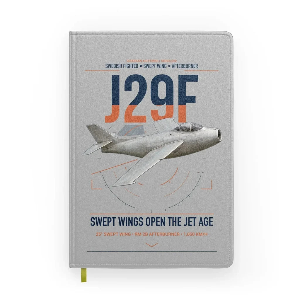 Saab J 29F Tunnan design on light gray notebook