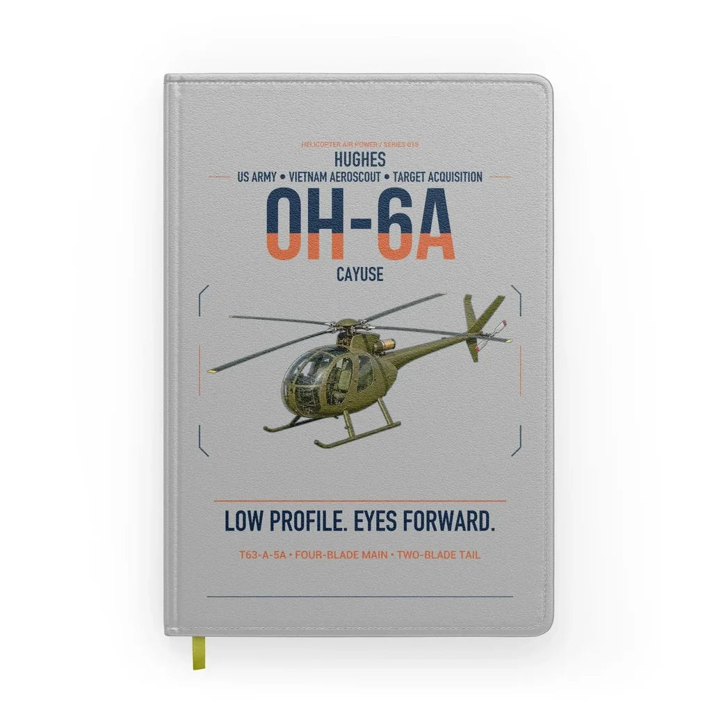 Hughes OH-6A Cayuse design on light gray notebook