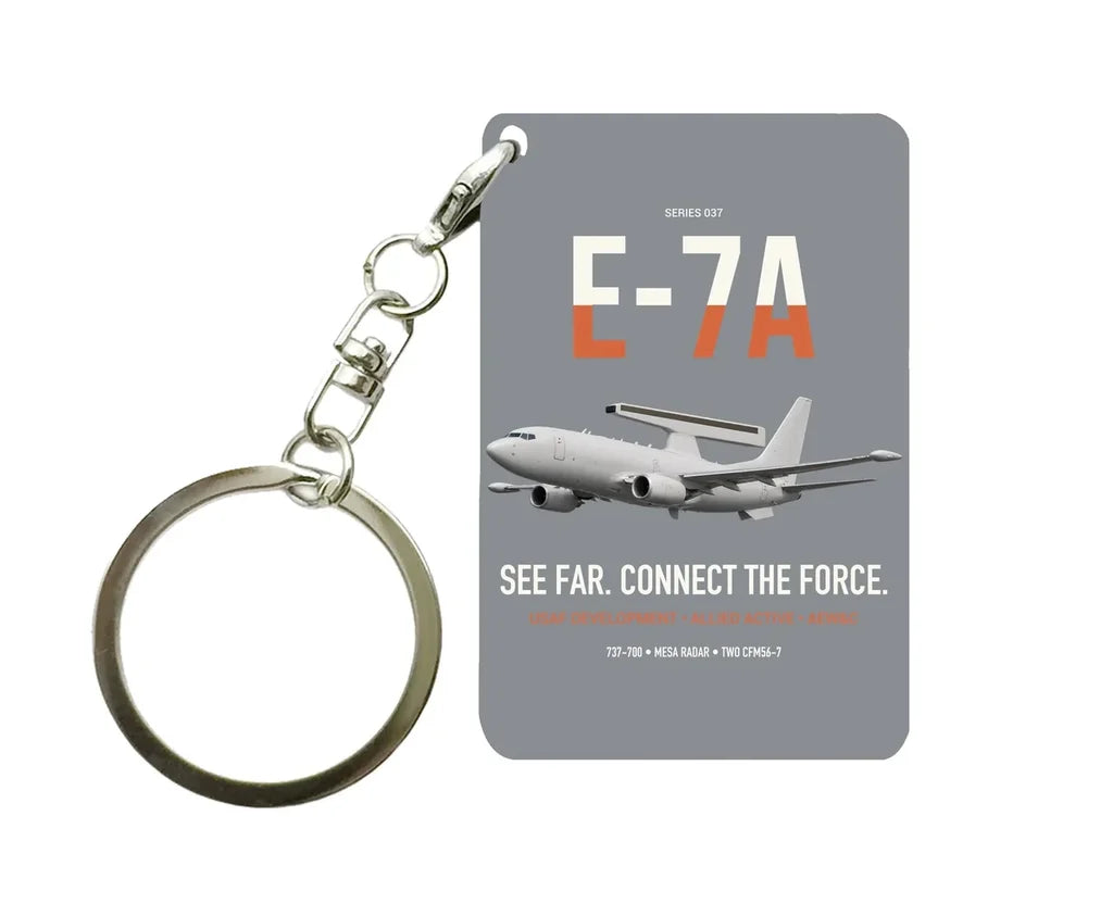E-7A Wedgetail design on gray designed key chain, double-side print