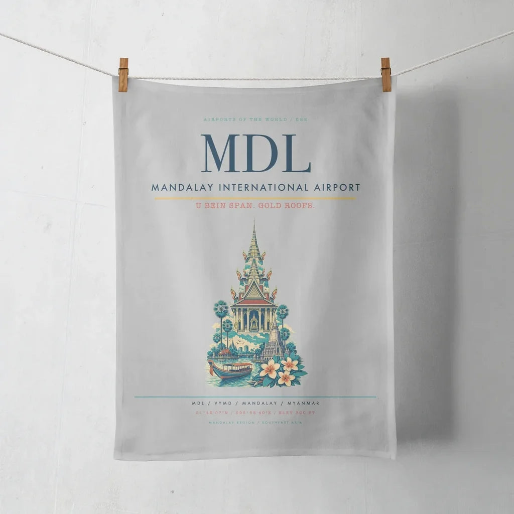 Mandalay International Airport (MDL) design on light gray towel