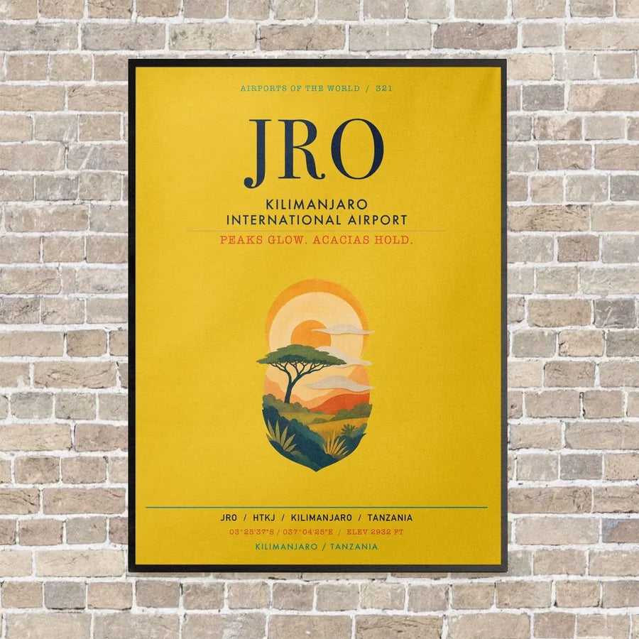 Kilimanjaro International Airport JRO vertical canvas print - framed - yellow background