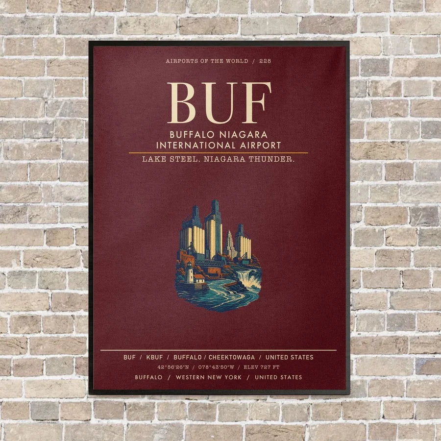 Buffalo Niagara International Airport BUF vertical canvas print - framed - dark red background