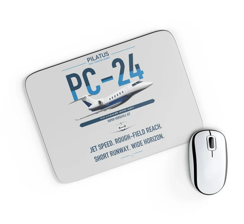 Pilatus PC-24 design on light gray rectangle mouse pad