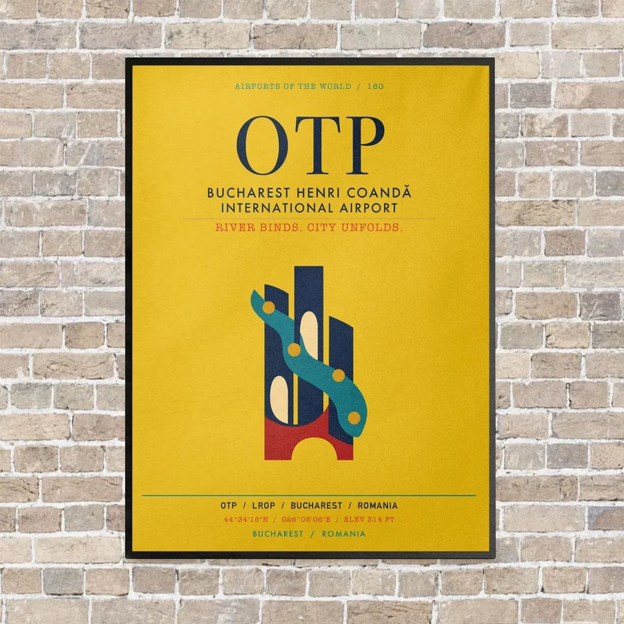 Bucharest Henri Coandă International Airport OTP vertical canvas print - framed - yellow background