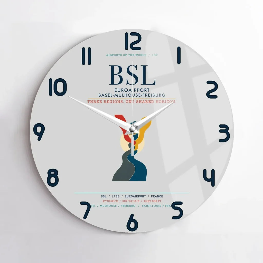 EuroAirport Basel-Mulhouse-Freiburg (BSL) design on light gray no frame wall clock