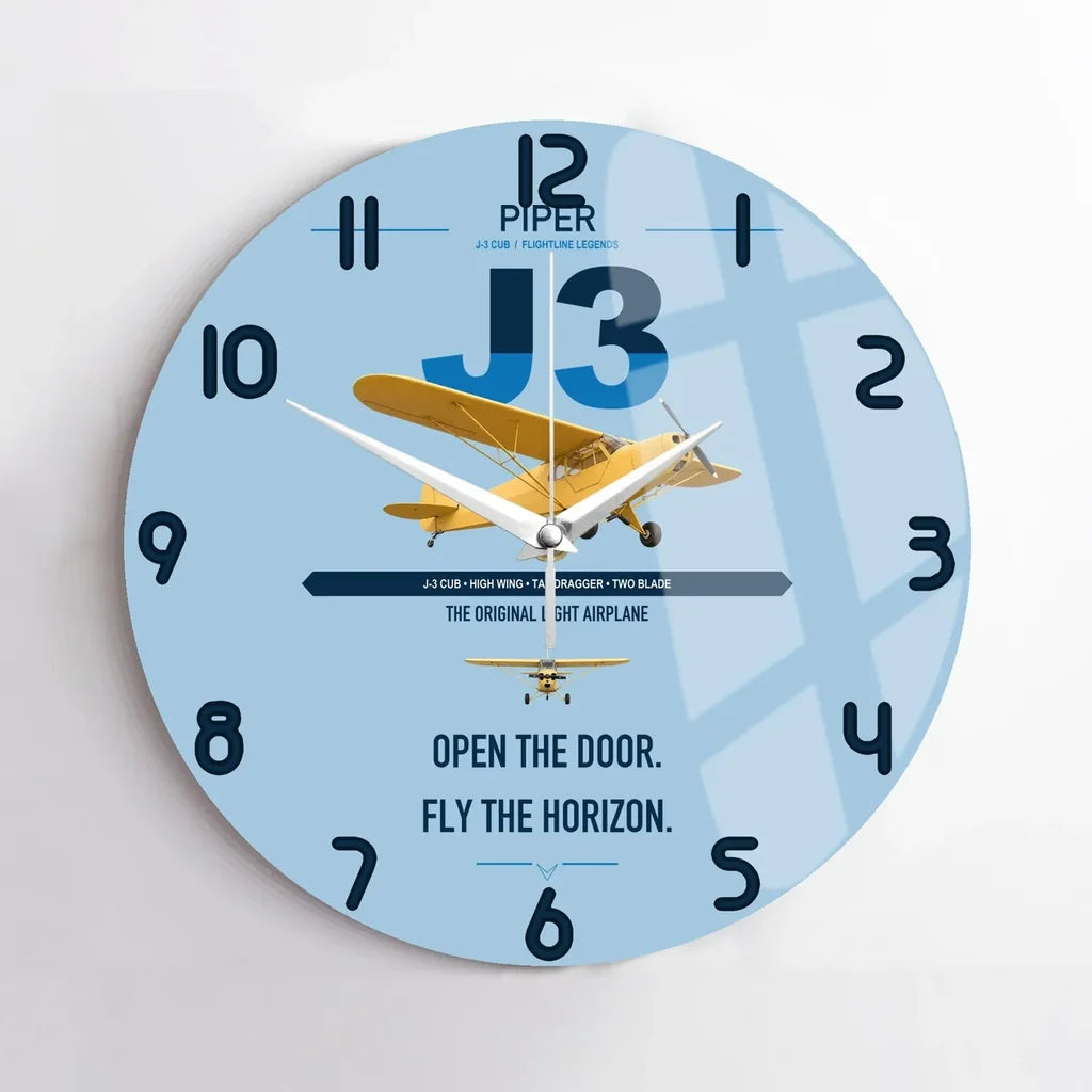 Piper J-3 Cub design on light blue no frame wall clock