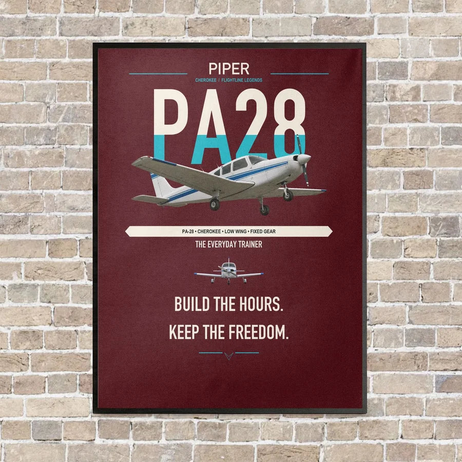 Piper PA-28 Cherokee vertical canvas print - framed - dark red background