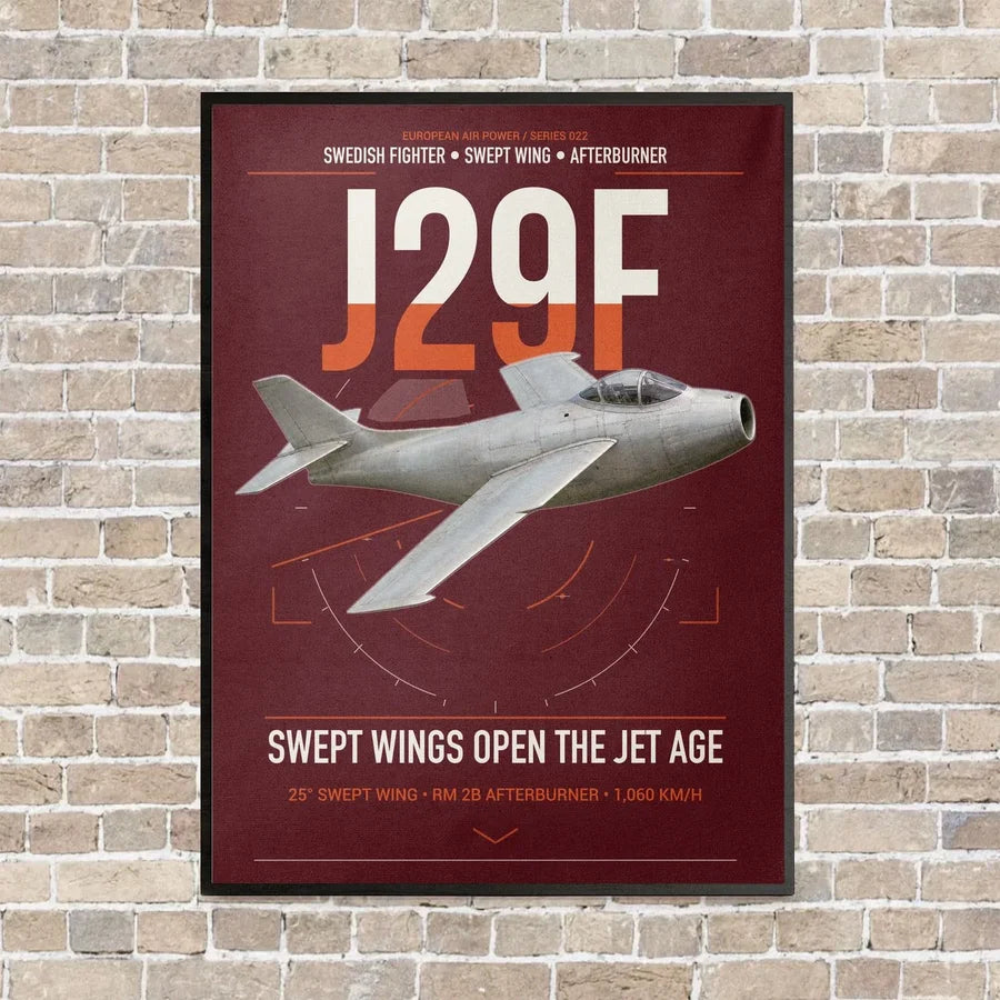 Saab J 29F Tunnan vertical canvas print - framed - dark red background