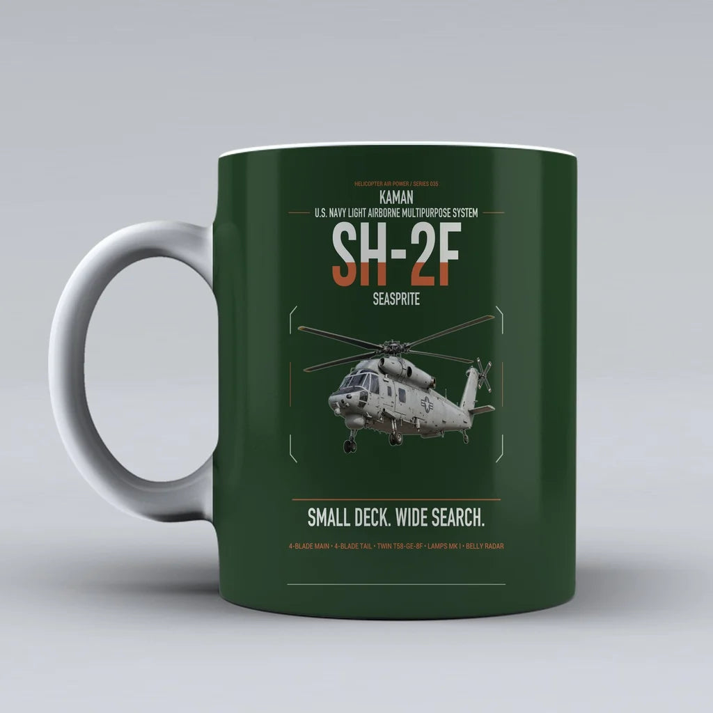 Kaman SH-2F Seasprite design on dark green ceramic mug, double-side print