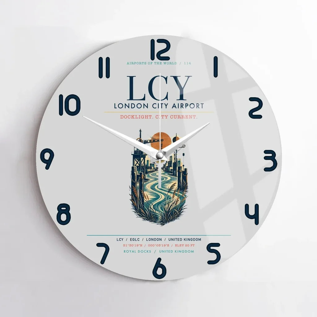 London City Airport (LCY) design on light gray no frame wall clock