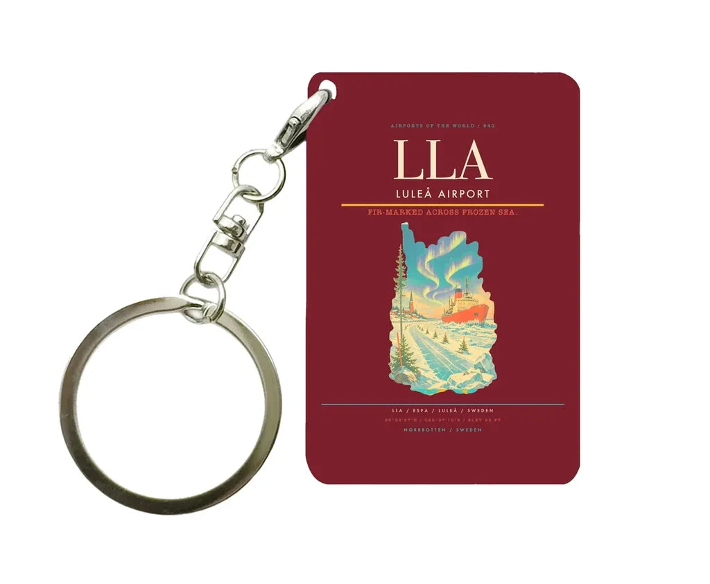 Luleå Airport (LLA) design on dark red key chain