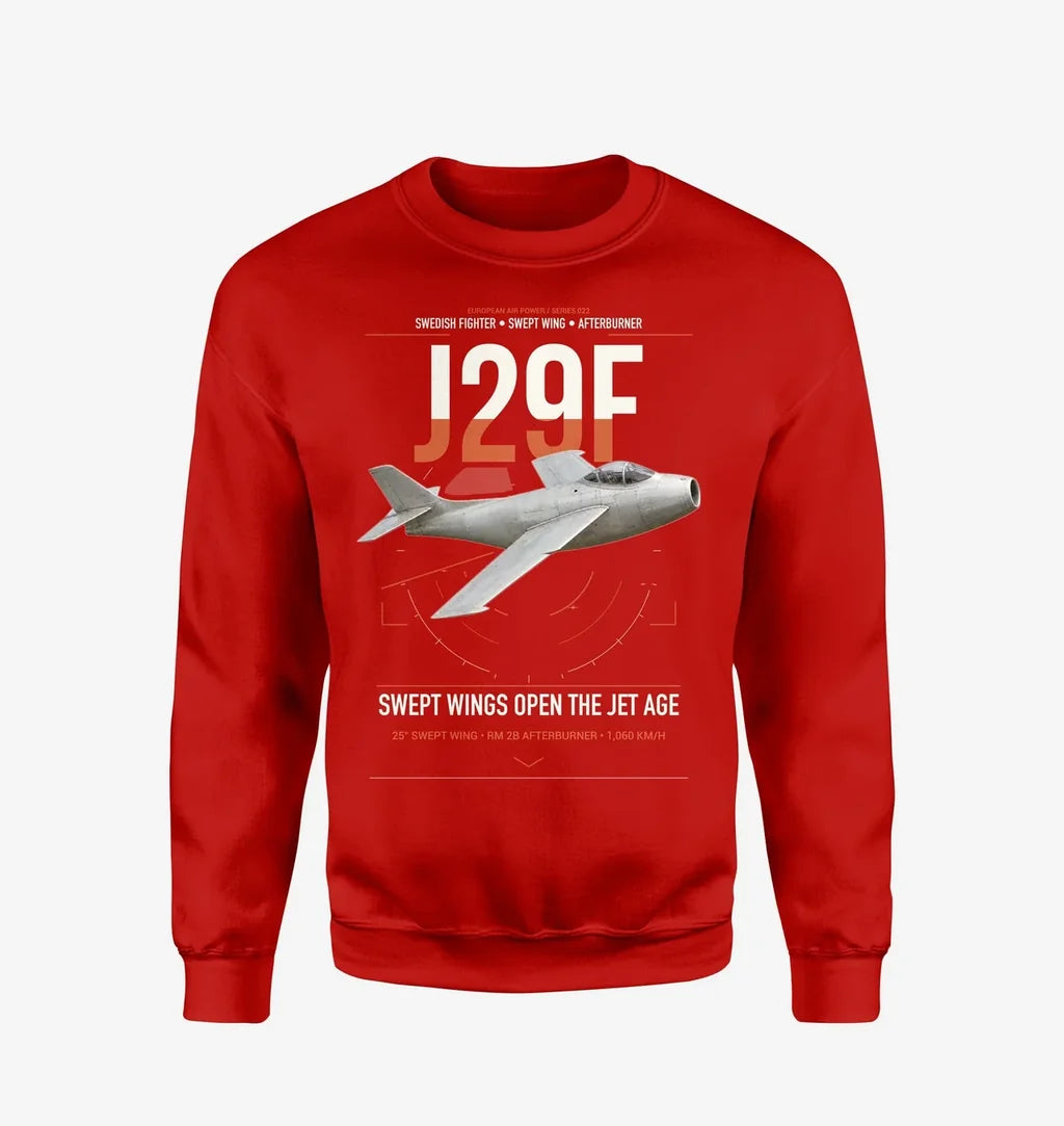 Saab J 29F Tunnan design on red sweatshirt