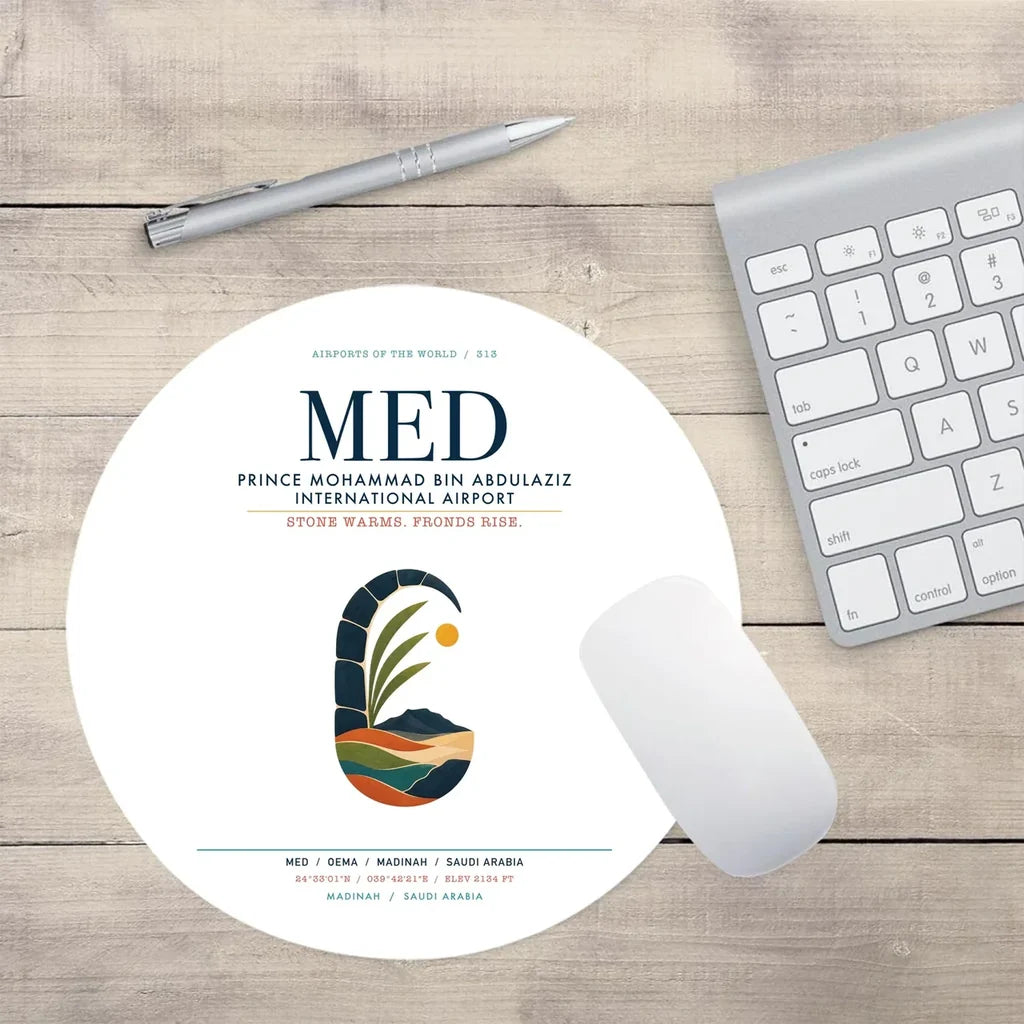 Prince Mohammad Bin Abdulaziz International Airport (MED) design on white round mouse pad
