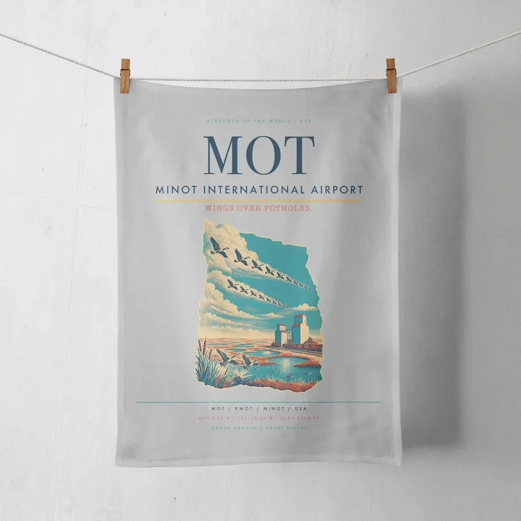 Minot International Airport (MOT) design on light gray towel