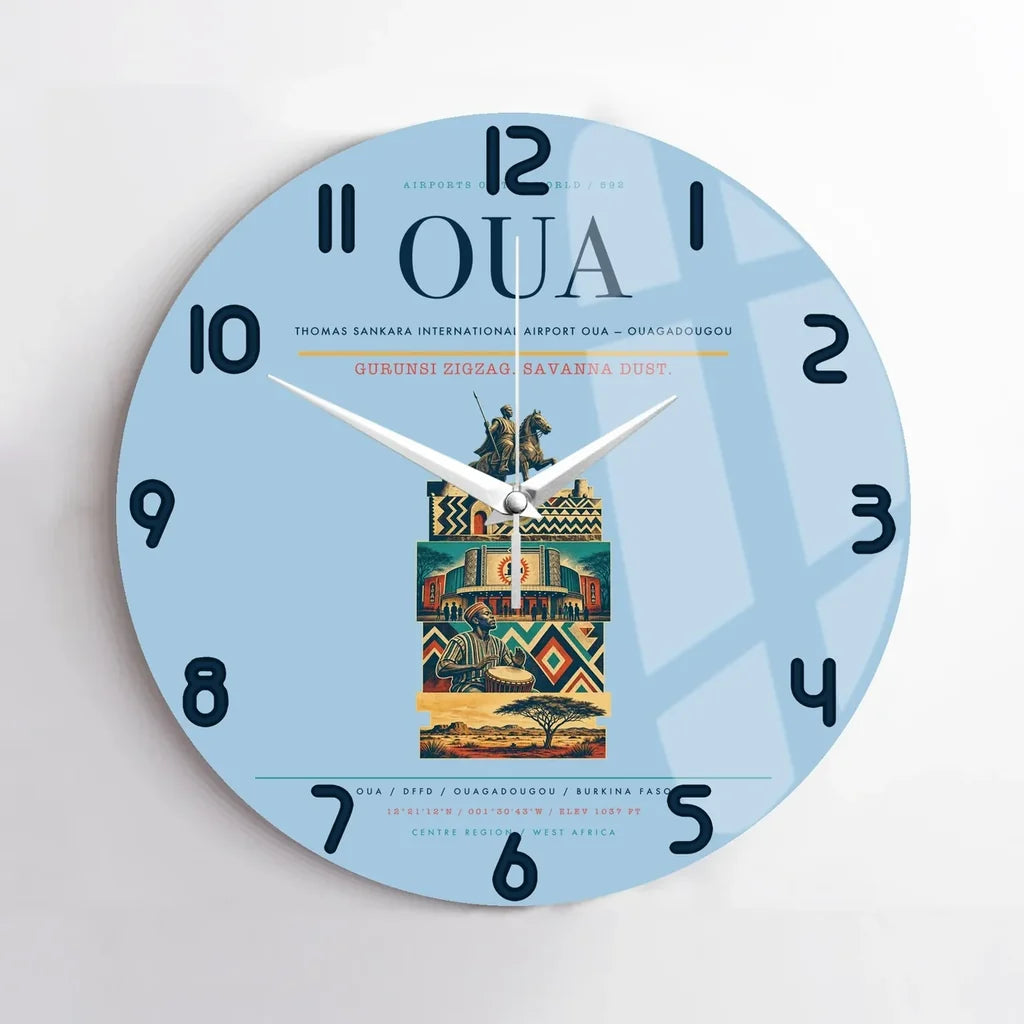 Thomas Sankara International Airport (OUA) design on light blue no frame wall clock