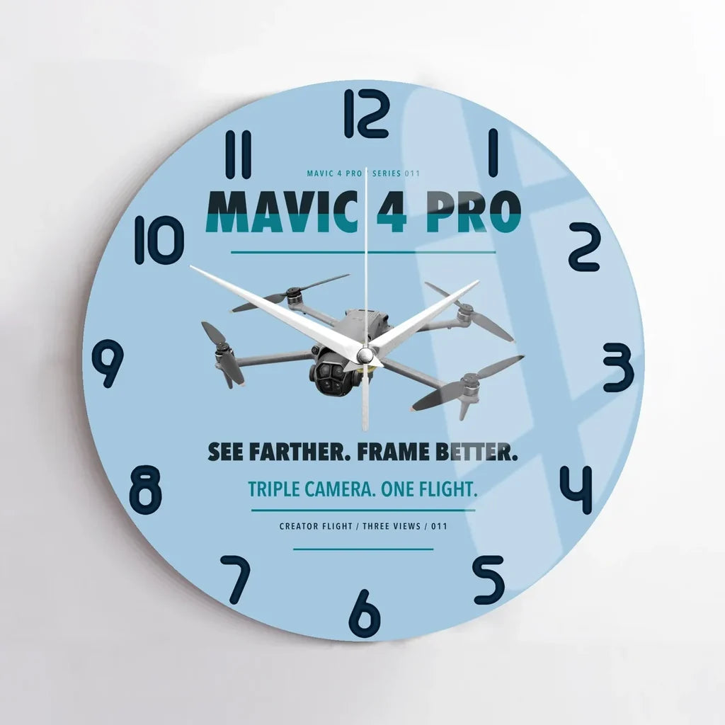 DJI Mavic 4 Pro design on light blue no frame wall clock