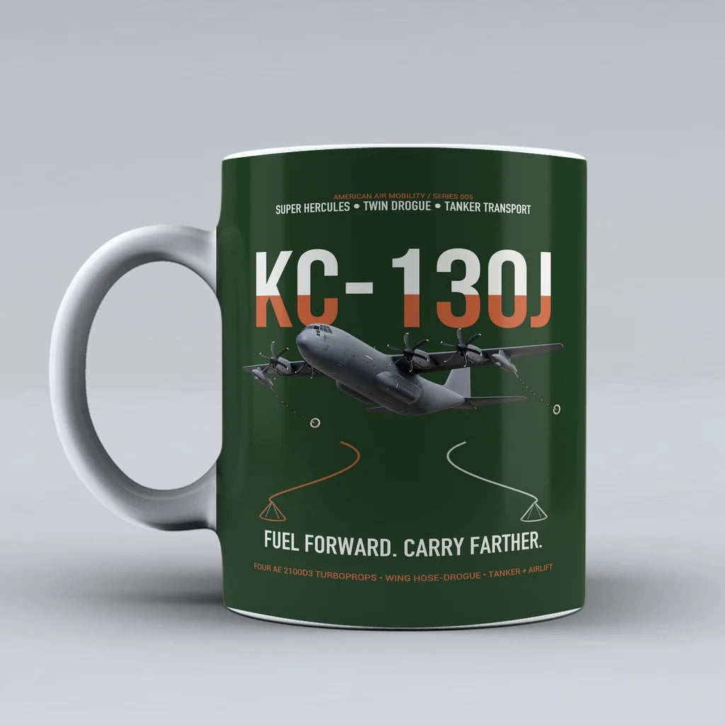 KC-130J SUPER HERCULES design on dark green ceramic mug, double-side print