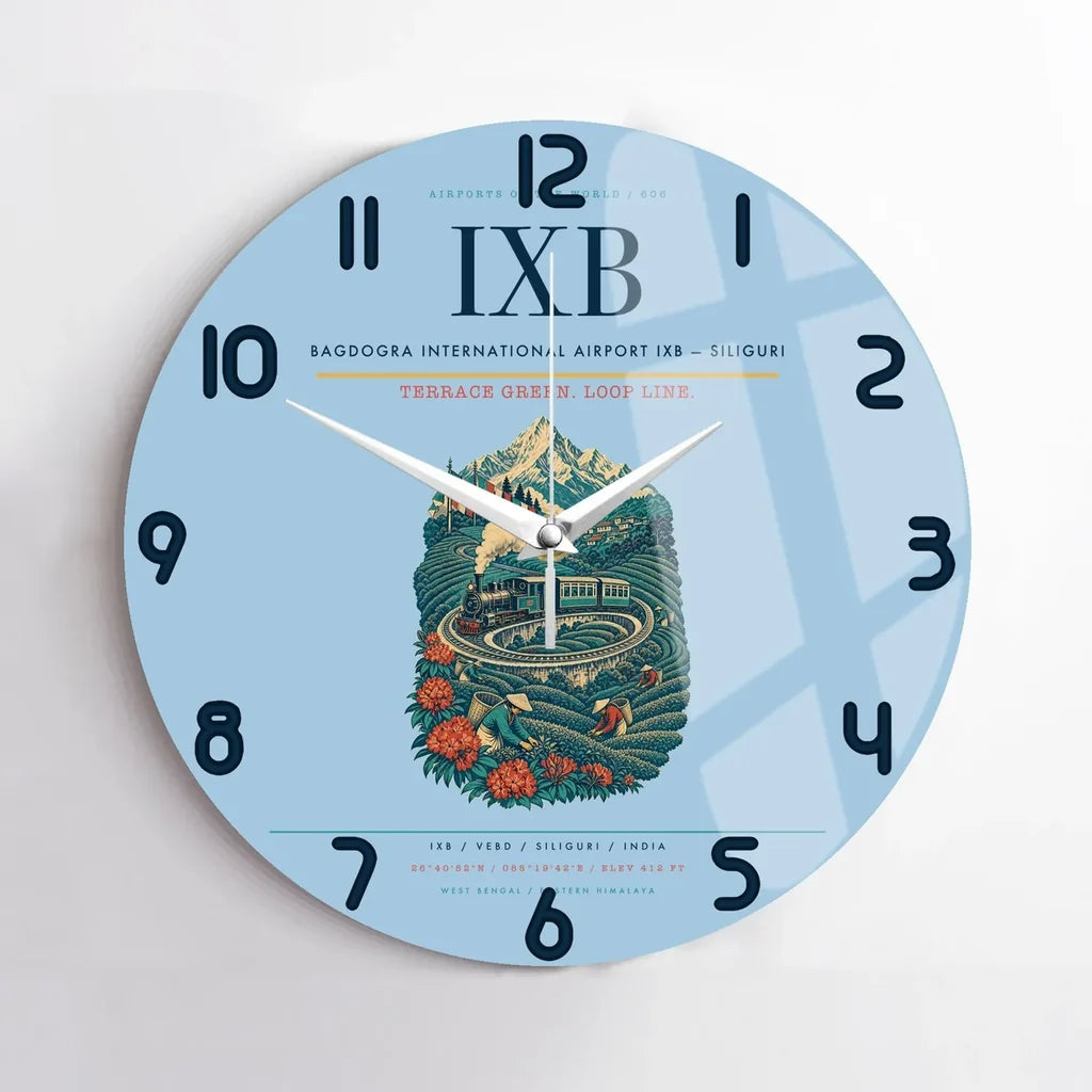 Bagdogra International Airport (IXB) design on light blue no frame wall clock