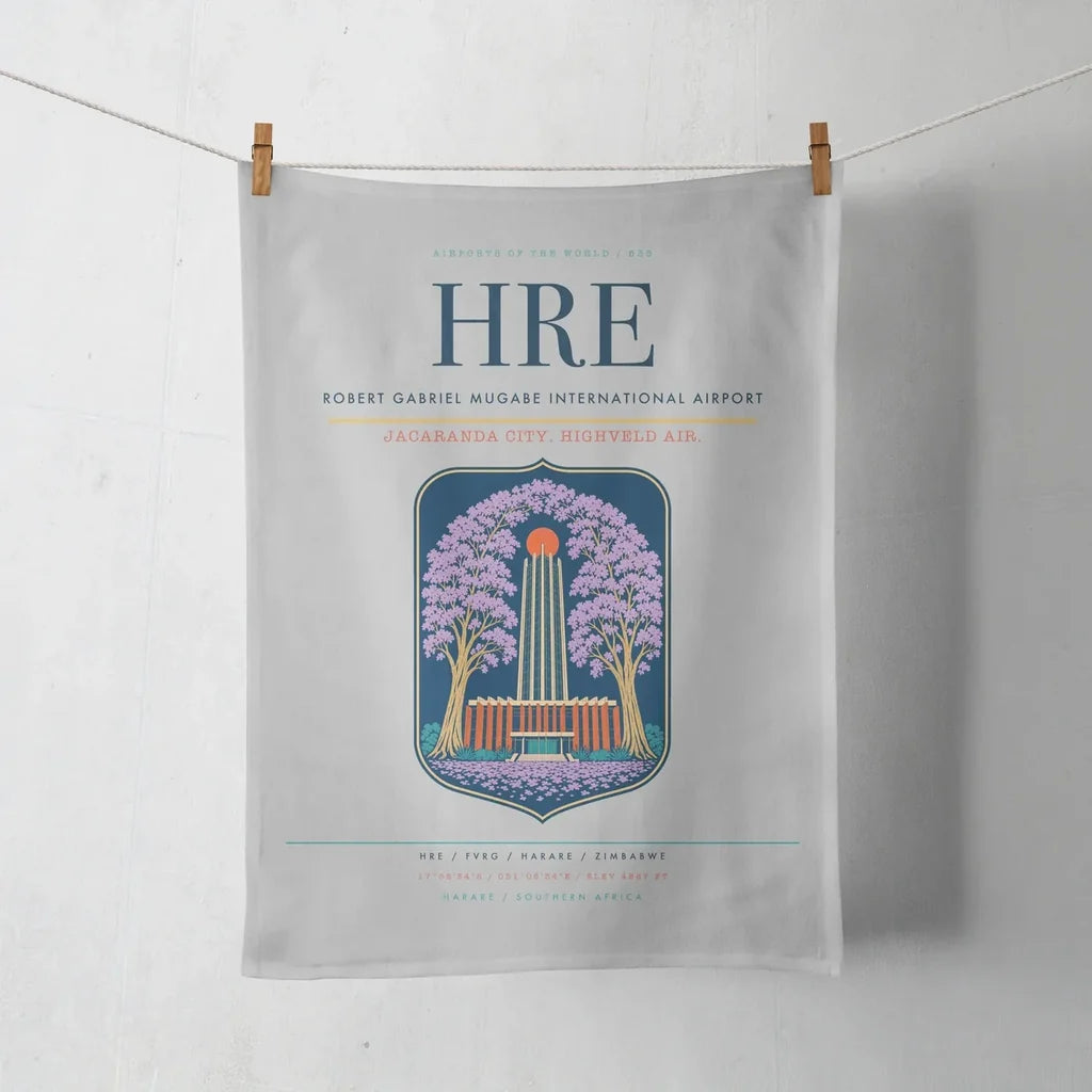 Robert Gabriel Mugabe International Airport (HRE) design on light gray towel