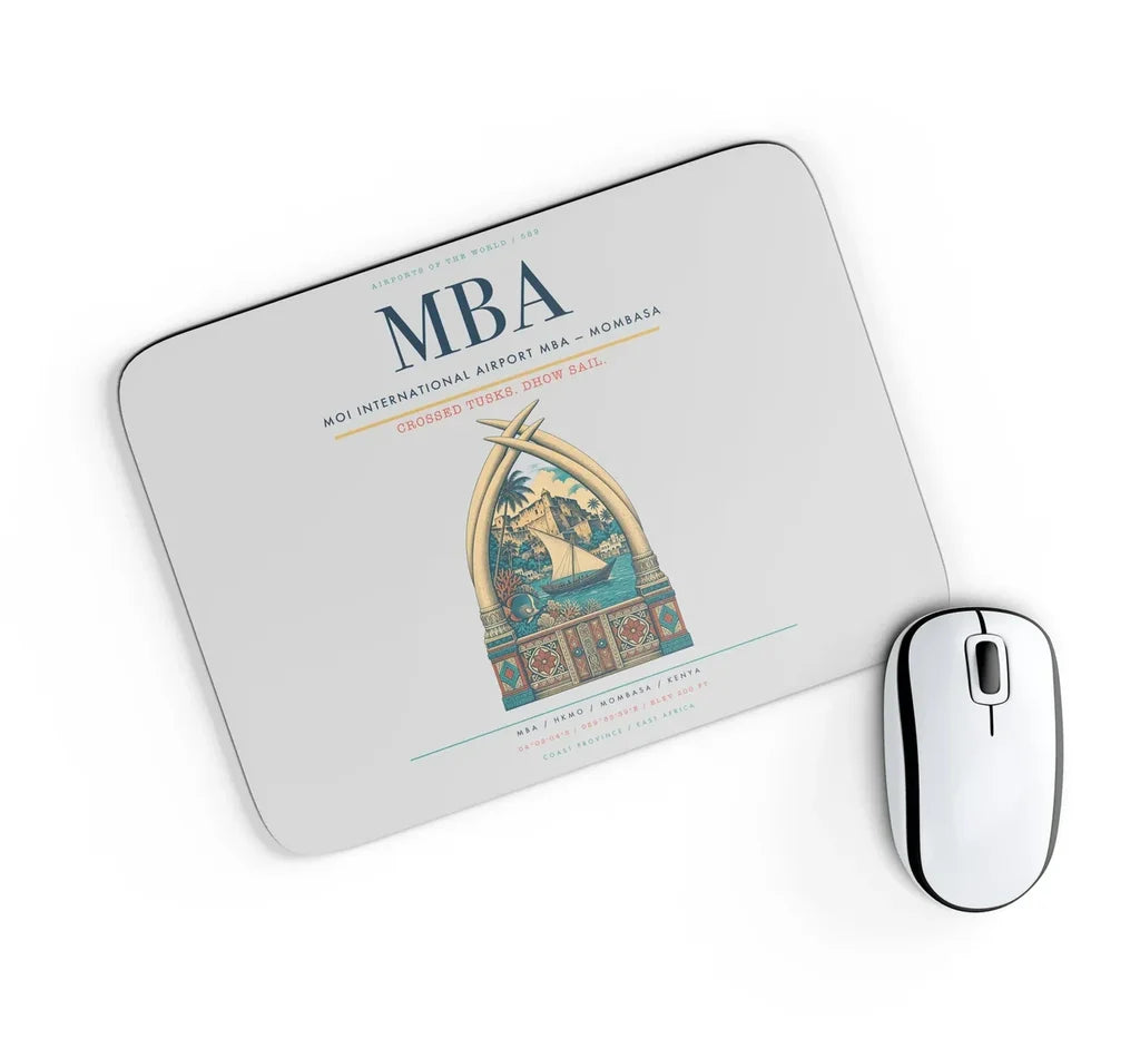 Moi International Airport (MBA) design on light gray rectangle mouse pad