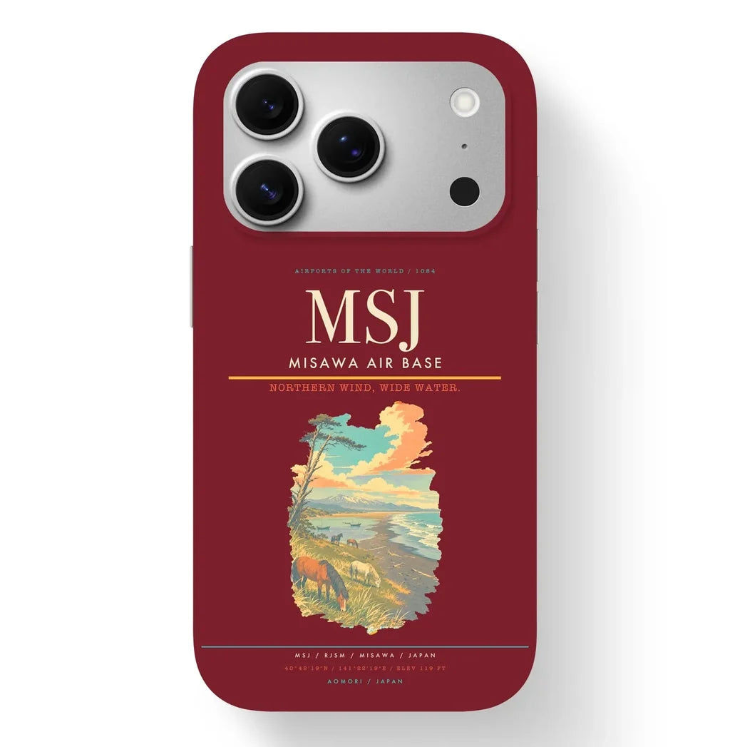 Misawa Airport (MSJ) design on dark red iPhone 17 Pro MagSafe case